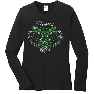 Cheers St Patricks Day Drink Beer Bling Rhinestone Shamrock Ladies Long Sleeve Shirt