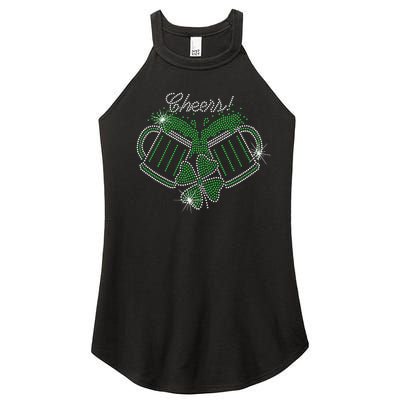 Cheers St Patricks Day Drink Beer Bling Rhinestone Shamrock Women’s Perfect Tri Rocker Tank