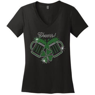 Cheers St Patricks Day Drink Beer Bling Rhinestone Shamrock Women's V-Neck T-Shirt