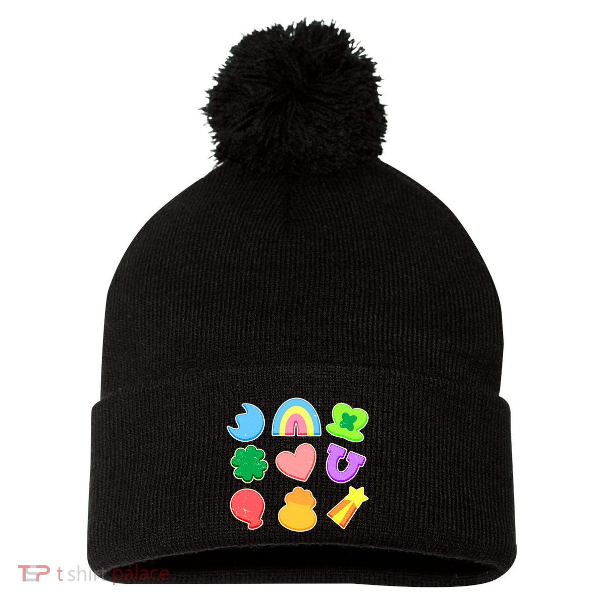 Cute St Patricks Day Marshmallow Shapes Pom Pom 12in Knit Beanie