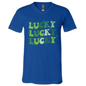 Cute St Patricks Day Lucky Retro Groovy Green Shamrock V-Neck T-Shirt