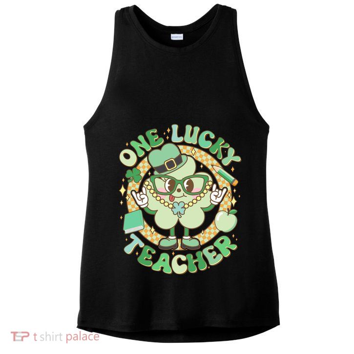 Cute St Patricks Day One Lucky Teacher Retro Cartoon Shamrock Clover Ladies PosiCharge Tri-Blend Wicking Tank
