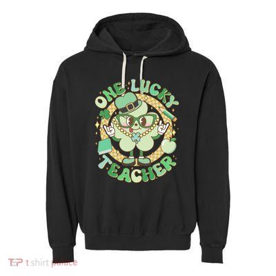 Cute St Patricks Day One Lucky Teacher Retro Cartoon Shamrock Clover Garment-Dyed Fleece Hoodie