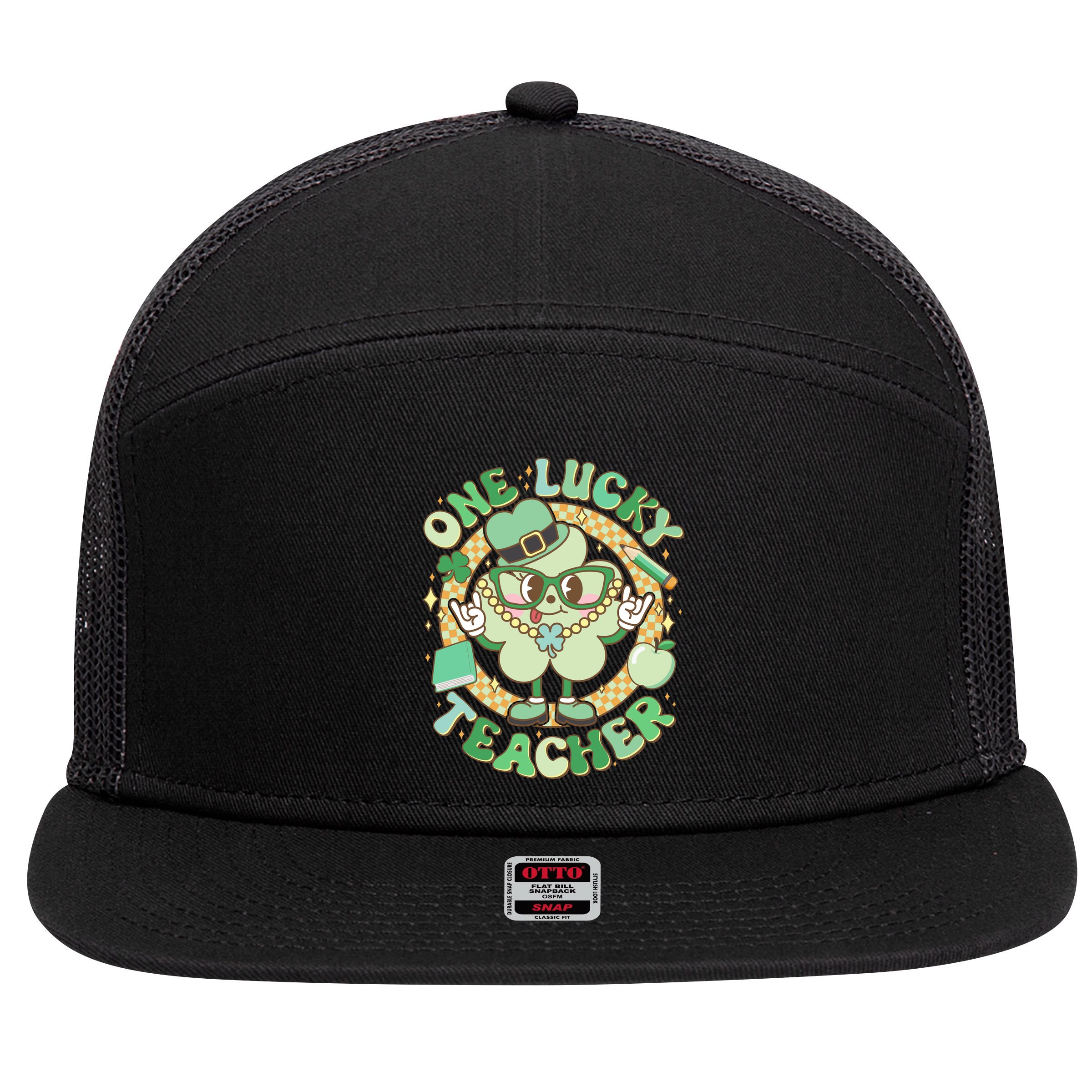 Cute St Patricks Day One Lucky Teacher Retro Cartoon Shamrock Clover 7 Panel Mesh Trucker Snapback Hat
