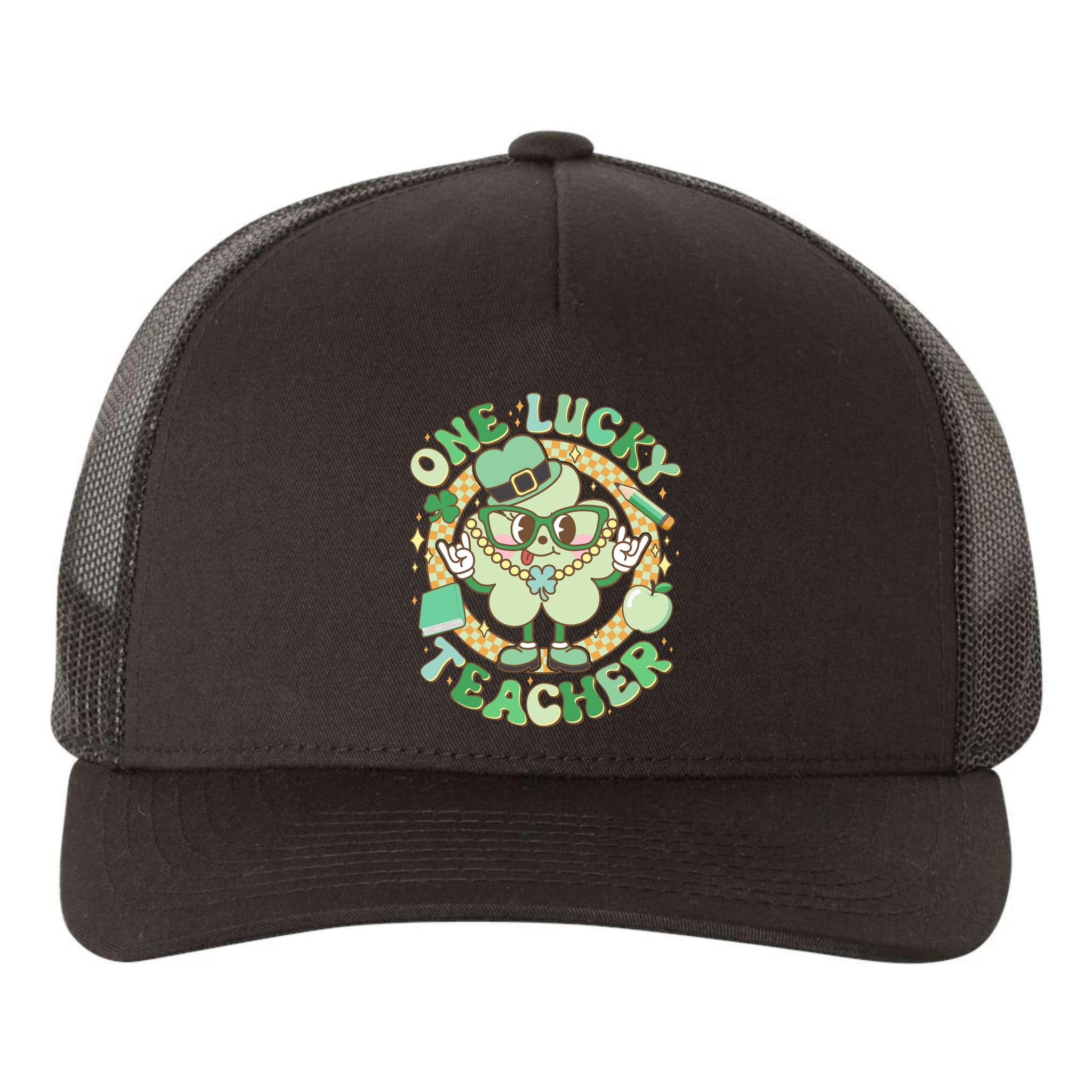 Cute St Patricks Day One Lucky Teacher Retro Cartoon Shamrock Clover Yupoong Adult 5-Panel Trucker Hat