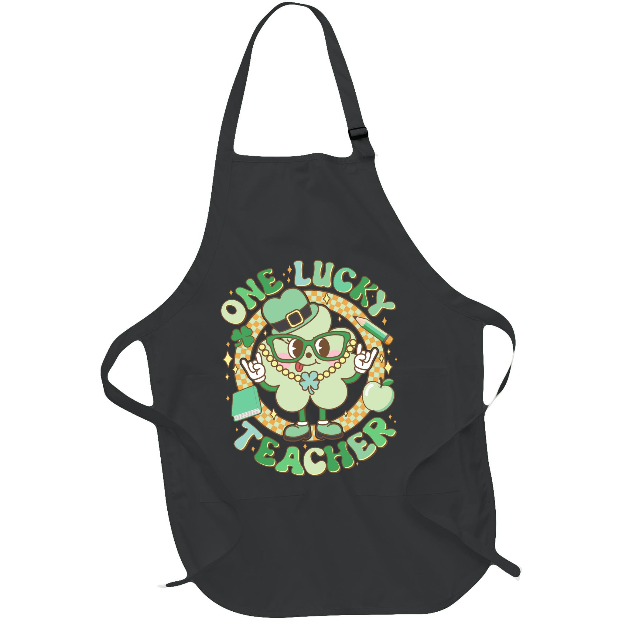 Cute St Patricks Day One Lucky Teacher Retro Cartoon Shamrock Clover Apron