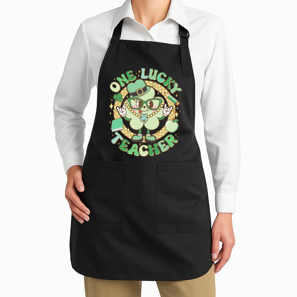 Cute St Patricks Day One Lucky Teacher Retro Cartoon Shamrock Clover Apron