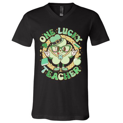 Cute St Patricks Day One Lucky Teacher Retro Cartoon Shamrock Clover V-Neck T-Shirt