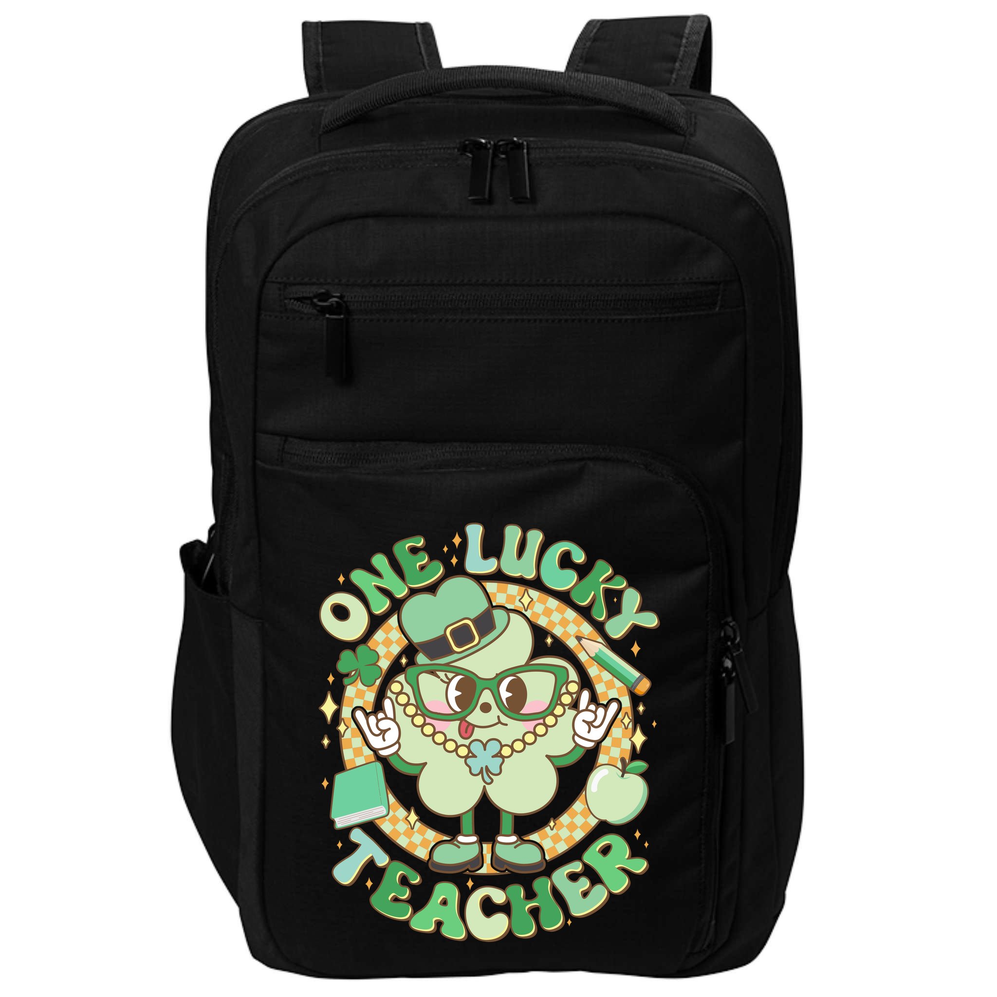 Cute St Patricks Day One Lucky Teacher Retro Cartoon Shamrock Clover Impact Tech Backpack