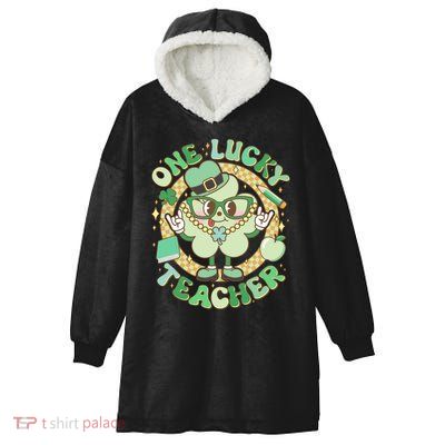 Cute St Patricks Day One Lucky Teacher Retro Cartoon Shamrock Clover Hooded Wearable Blanket