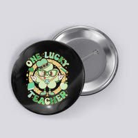 Cute St Patricks Day One Lucky Teacher Retro Cartoon Shamrock Clover Button