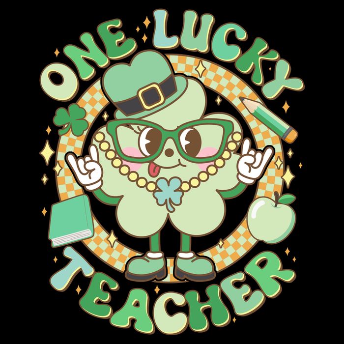 Cute St Patricks Day One Lucky Teacher Retro Cartoon Shamrock Clover Button