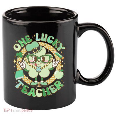 Cute St Patricks Day One Lucky Teacher Retro Cartoon Shamrock Clover 11oz C Handle Ceramic Mug