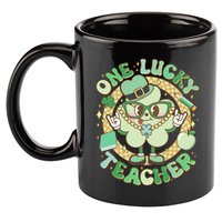 Cute St Patricks Day One Lucky Teacher Retro Cartoon Shamrock Clover 11oz C Handle Ceramic Mug