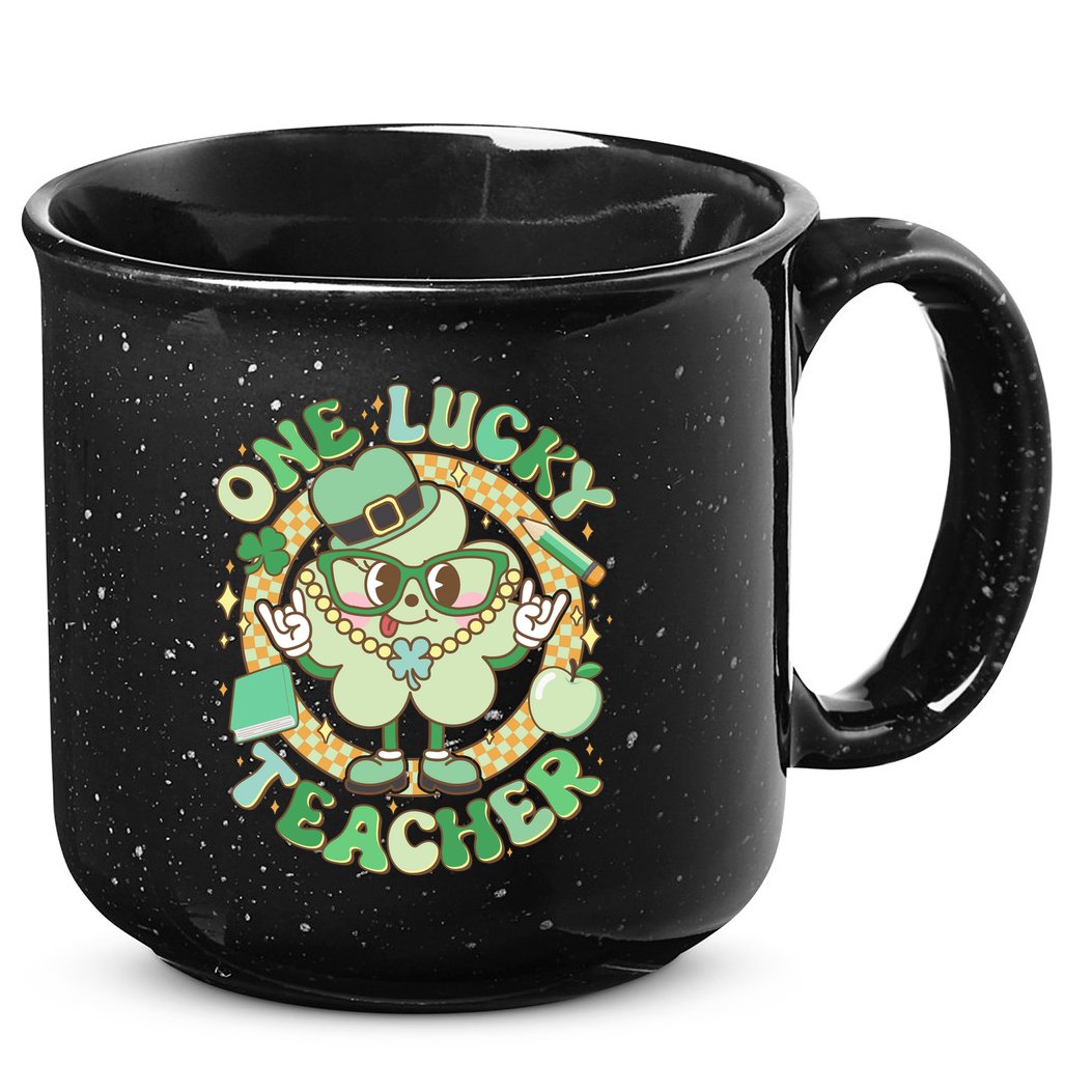 Cute St Patricks Day One Lucky Teacher Retro Cartoon Shamrock Clover 15oz Campfire Ceramic Mug