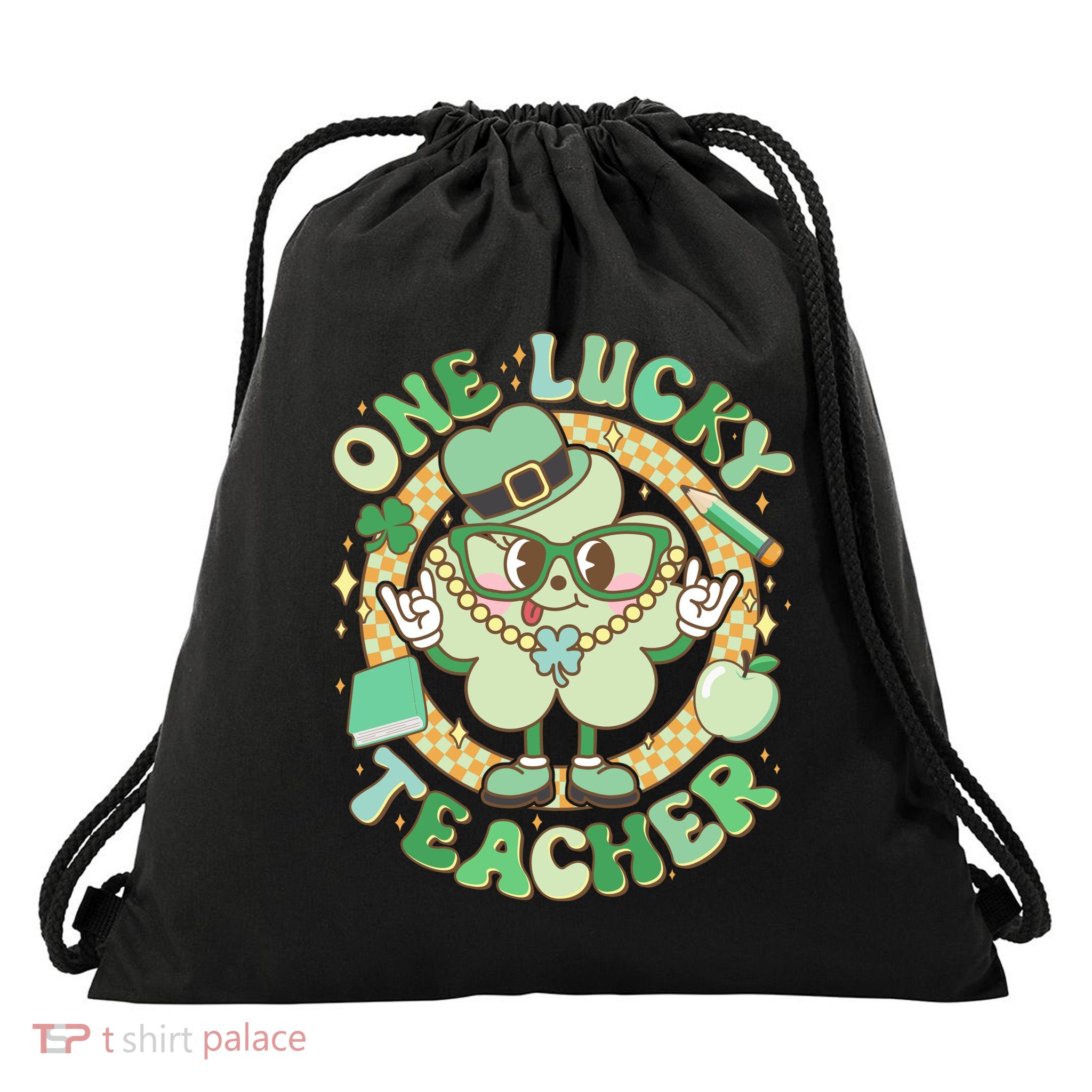 Cute St Patricks Day One Lucky Teacher Retro Cartoon Shamrock Clover Drawstring Bag