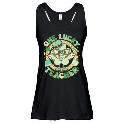 Cute St Patricks Day One Lucky Teacher Retro Cartoon Shamrock Clover Ladies Essential Flowy Tank