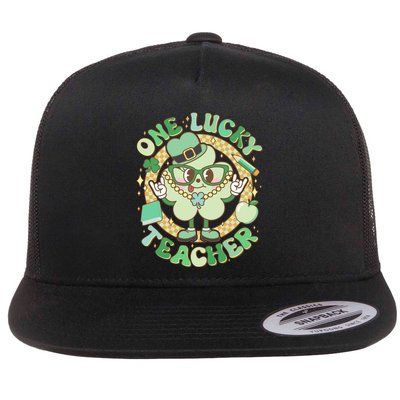 Cute St Patricks Day One Lucky Teacher Retro Cartoon Shamrock Clover Flatbill Hat
