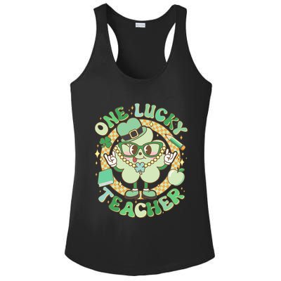 Cute St Patricks Day One Lucky Teacher Retro Cartoon Shamrock Clover Ladies PosiCharge Competitor Racerback Tank