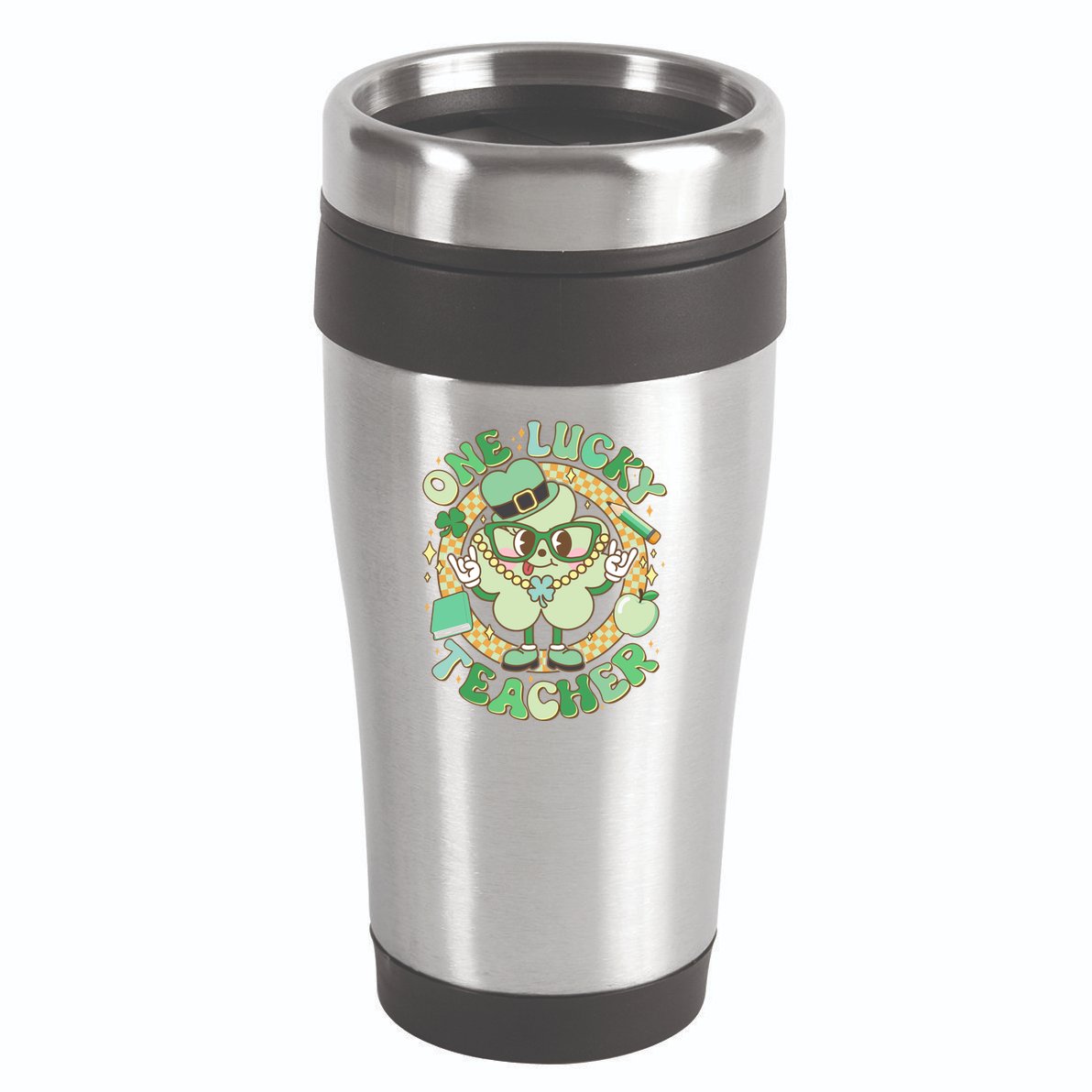 Cute St Patricks Day One Lucky Teacher Retro Cartoon Shamrock Clover 16oz Travel Tumbler
