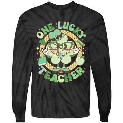 Cute St Patricks Day One Lucky Teacher Retro Cartoon Shamrock Clover Tie-Dye Long Sleeve Shirt