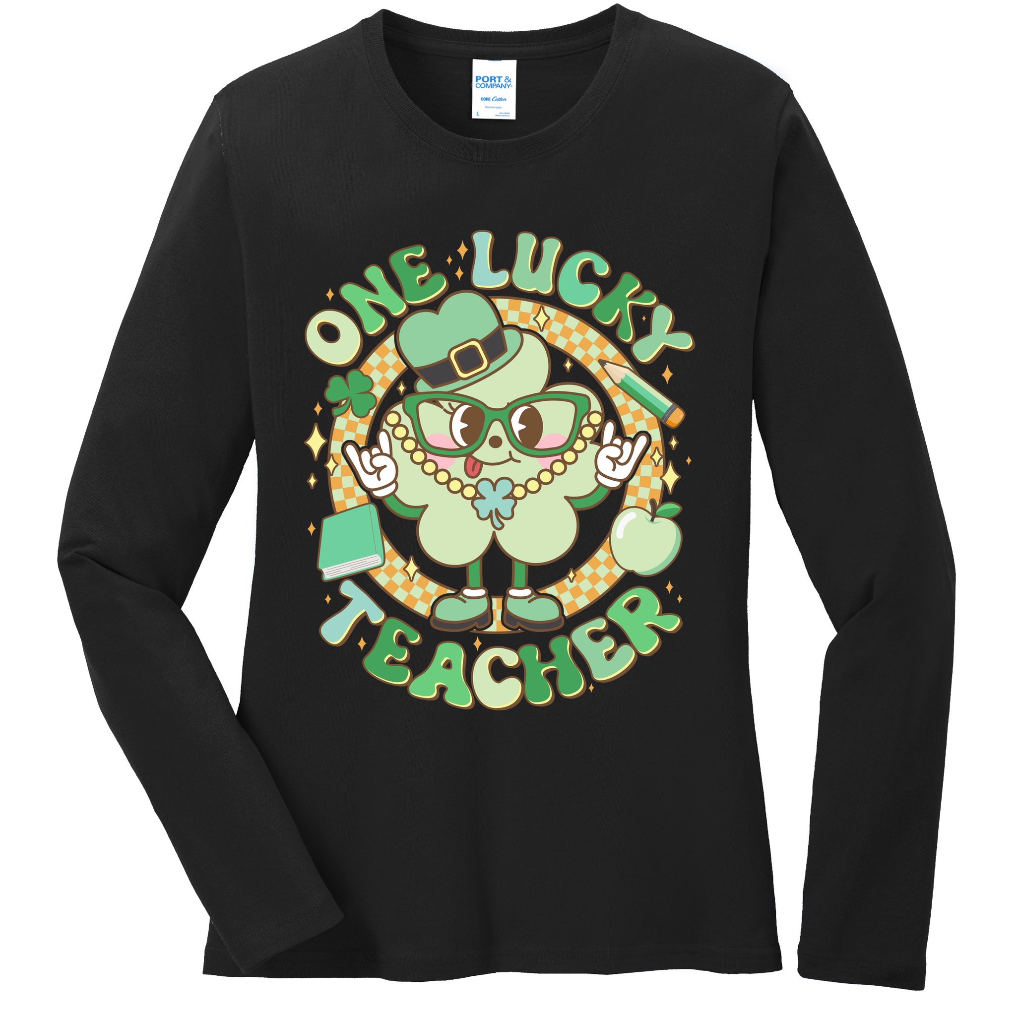 Cute St Patricks Day One Lucky Teacher Retro Cartoon Shamrock Clover Ladies Long Sleeve Shirt