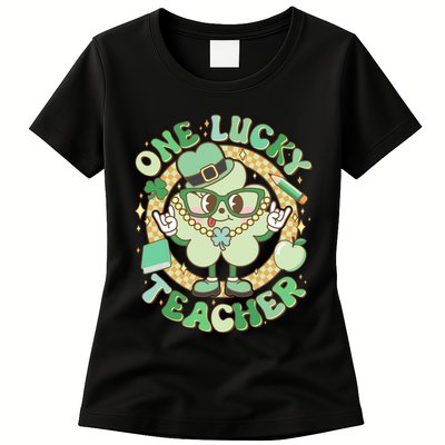 Cute St Patricks Day One Lucky Teacher Retro Cartoon Shamrock Clover Womens T-Shirt