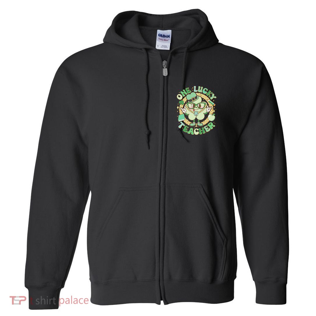 Cute St Patricks Day One Lucky Teacher Retro Cartoon Shamrock Clover Full Zip Hoodie