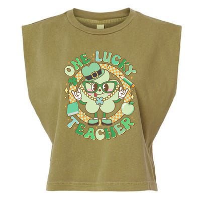 Cute St Patricks Day One Lucky Teacher Retro Cartoon Shamrock Clover Garment-Dyed Women's Muscle Tee