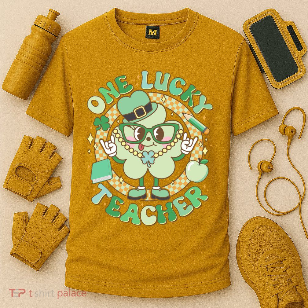 Cute St Patricks Day One Lucky Teacher Retro Cartoon Shamrock Clover Performance Shirt