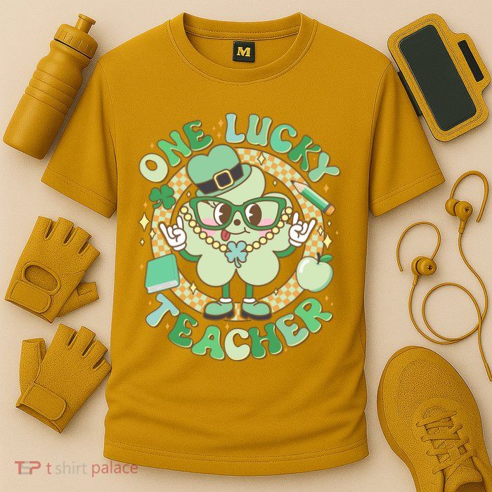 Cute St Patricks Day One Lucky Teacher Retro Cartoon Shamrock Clover Performance Shirt