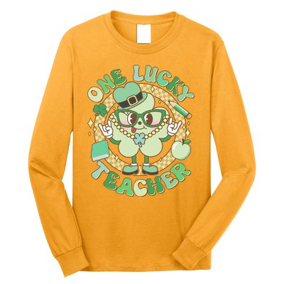 Cute St Patricks Day One Lucky Teacher Retro Cartoon Shamrock Clover Long Sleeve Shirt