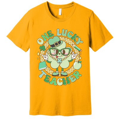 Cute St Patricks Day One Lucky Teacher Retro Cartoon Shamrock Clover Premium T-Shirt