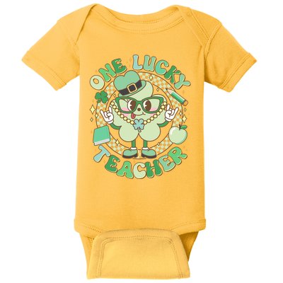 Cute St Patricks Day One Lucky Teacher Retro Cartoon Shamrock Clover Baby Bodysuit