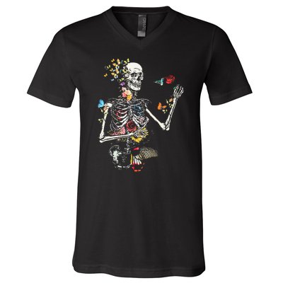 Cool Skeleton Plant Nature Flower Halloween V-Neck T-Shirt