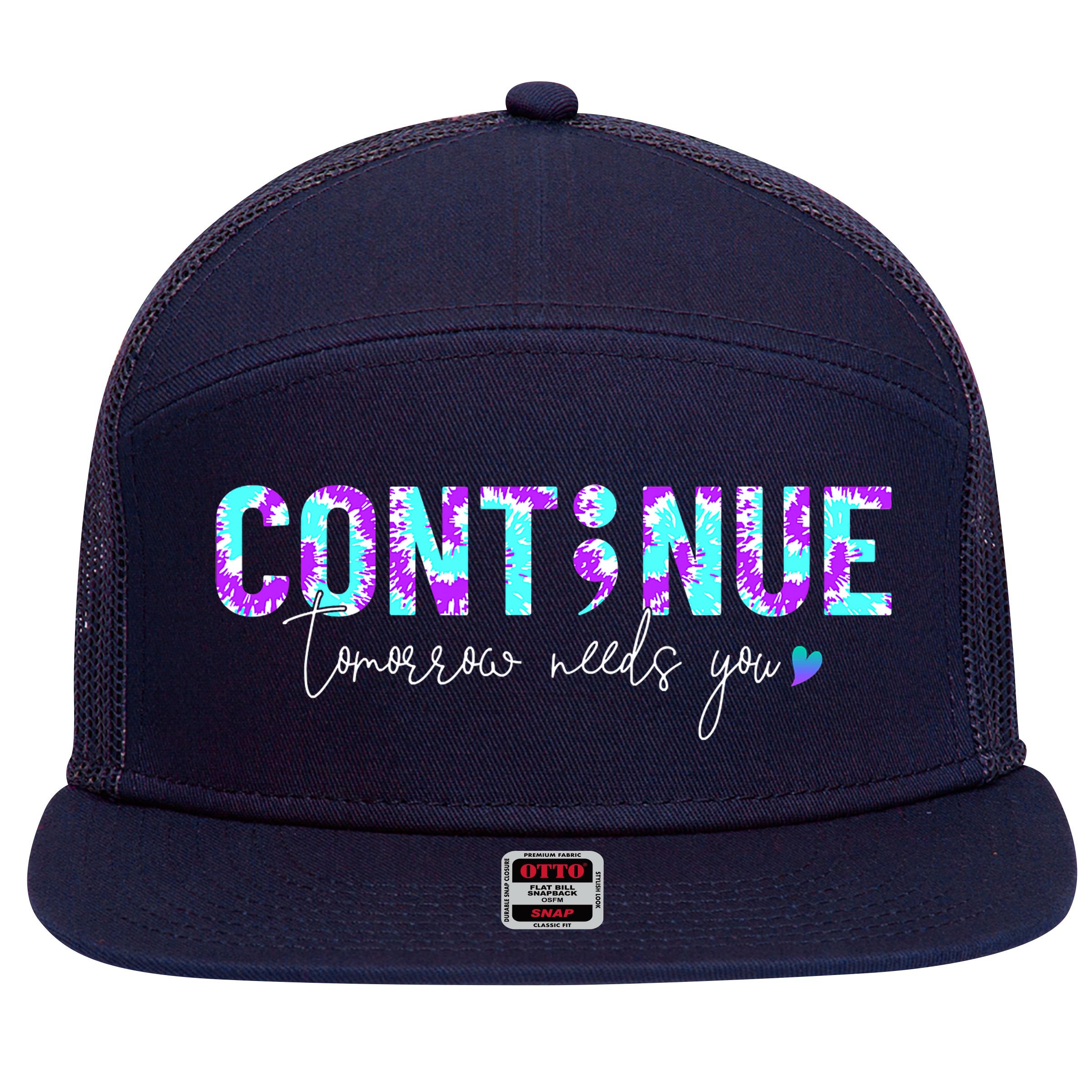 Continue Suicide Prevention Awareness Tie Dye Semicolon 7 Panel Mesh Trucker Snapback Hat