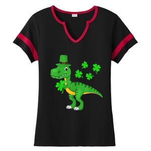 Cute St Patricks Day Dinosaur Shamrock Leprechaun Hat Ladies Halftime Notch Neck Tee