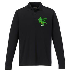 Cute St Patricks Day Dinosaur Shamrock Leprechaun Hat Performance Long Sleeve Polo