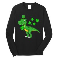 Cute St Patricks Day Dinosaur Shamrock Leprechaun Hat Long Sleeve Shirt