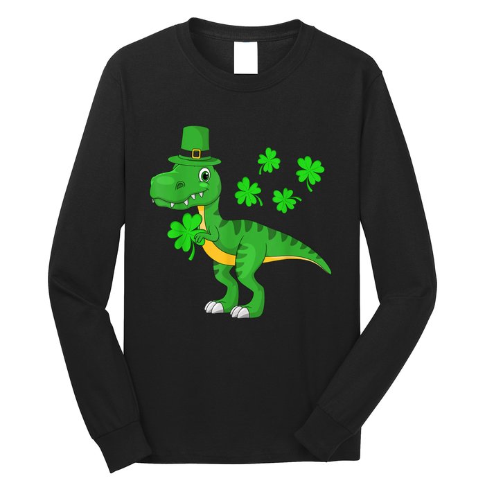 Cute St Patricks Day Dinosaur Shamrock Leprechaun Hat Long Sleeve Shirt