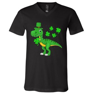 Cute St Patricks Day Dinosaur Shamrock Leprechaun Hat V-Neck T-Shirt