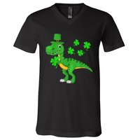 Cute St Patricks Day Dinosaur Shamrock Leprechaun Hat V-Neck T-Shirt