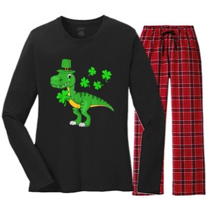 Cute St Patricks Day Dinosaur Shamrock Leprechaun Hat Women's Long Sleeve Flannel Pajama Set 