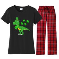 Cute St Patricks Day Dinosaur Shamrock Leprechaun Hat Women's Flannel Pajama Set