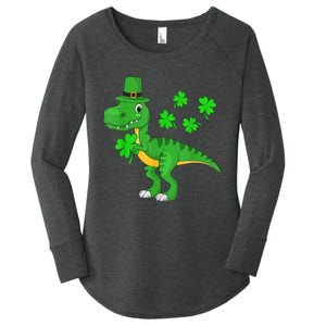 Cute St Patricks Day Dinosaur Shamrock Leprechaun Hat Women's Perfect Tri Tunic Long Sleeve Shirt