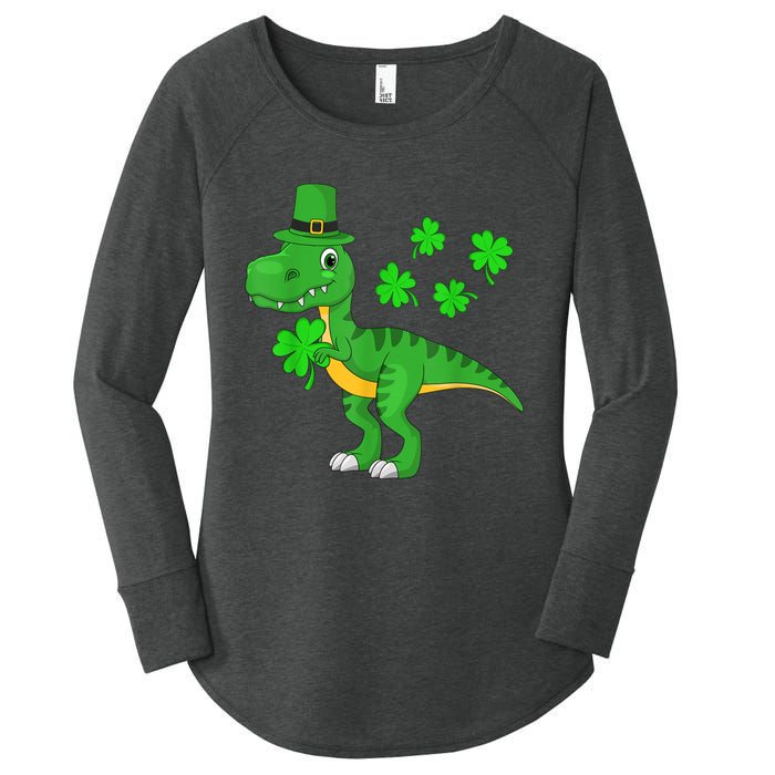 Cute St Patricks Day Dinosaur Shamrock Leprechaun Hat Women's Perfect Tri Tunic Long Sleeve Shirt