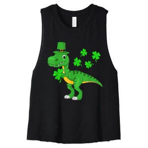 Cute St Patricks Day Dinosaur Shamrock Leprechaun Hat Women's Racerback Cropped Tank