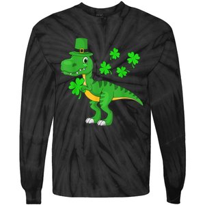 Cute St Patricks Day Dinosaur Shamrock Leprechaun Hat Tie-Dye Long Sleeve Shirt