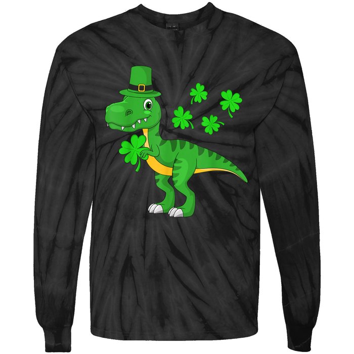 Cute St Patricks Day Dinosaur Shamrock Leprechaun Hat Tie-Dye Long Sleeve Shirt