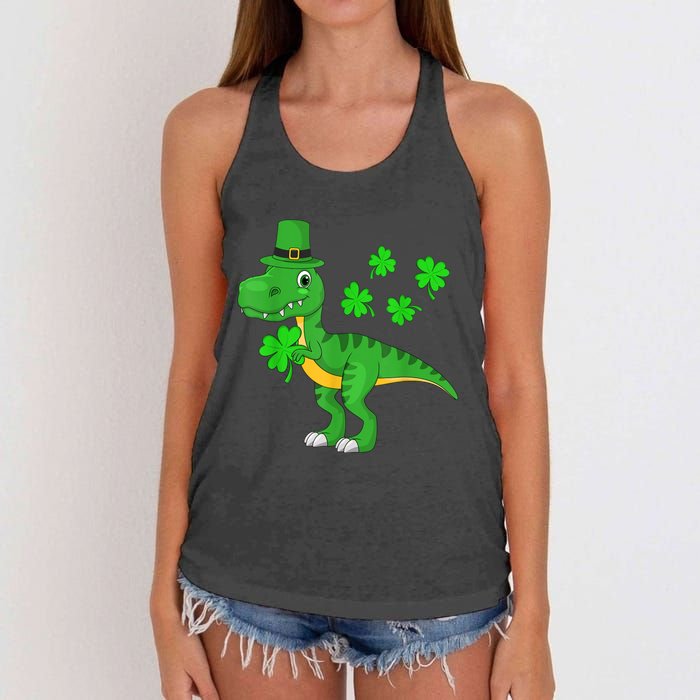 Cute St Patricks Day Dinosaur Shamrock Leprechaun Hat Women's Knotted Racerback Tank